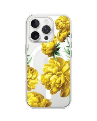Etui do iPhone 14 Pro z MagSafe przeźroczyste, silikonowe Flexi, żółte piwonie