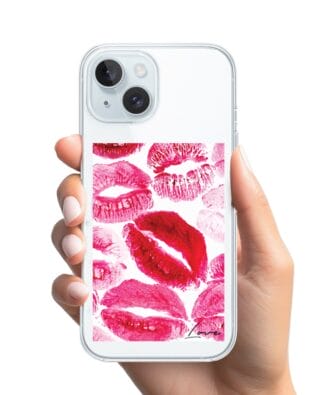 Etui do iPhone 15 Plus z MagSafe przeźroczyste, silikonowe Flexi, pocałunki z napisem „love”