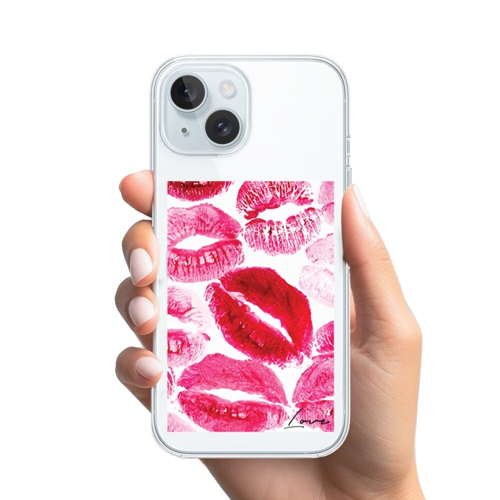 Etui do iPhone 15 Plus z MagSafe przeźroczyste, silikonowe Flexi, pocałunki z napisem "love" - obrazek 2