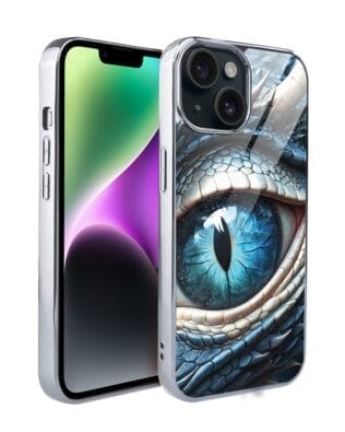 Etui do iPhone 14 IBIZU Elite Glass, szklany tył, Magia Azji oko lodowego smoka, srebrne
