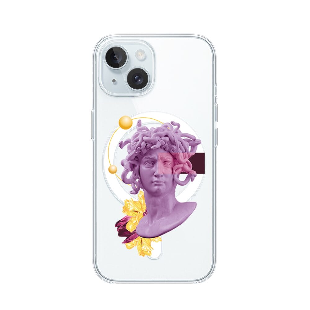 Etui do iPhone 15 Plus z MagSafe przeźroczyste, silikonowe Flexi, antyczna figura, meduza