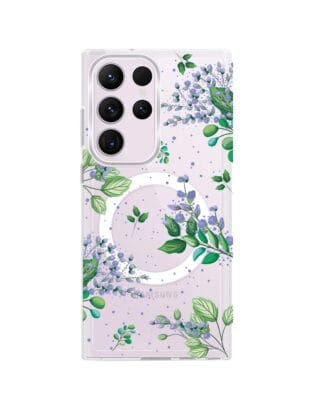 Etui do Samsung Galaxy S23 Ultra z MagSafe przeźroczyste, silikonowe Flexi, fioletowe kwiatki