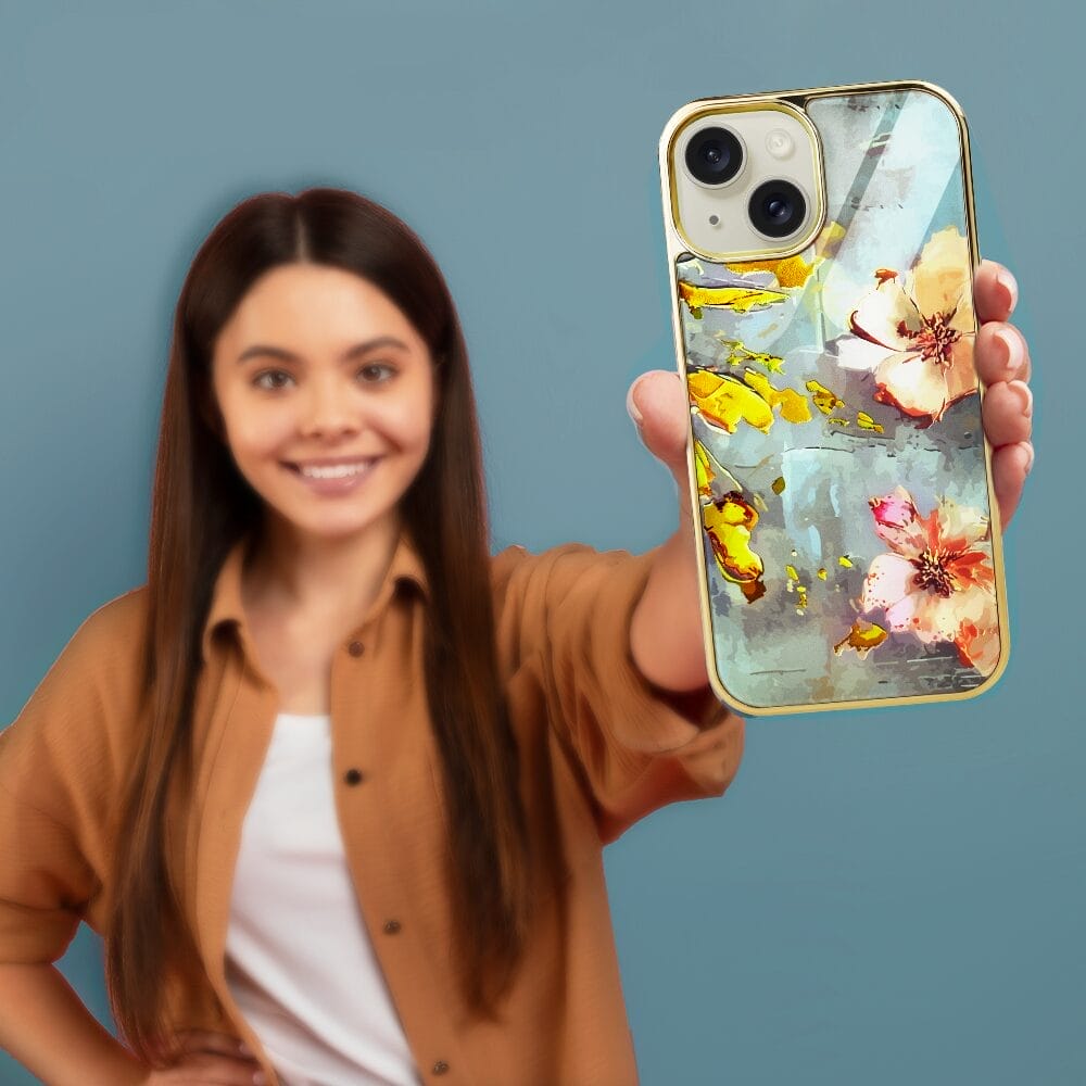 Etui do iPhone 14 IBIZU Elite Glass, szklany tył, kwiaty ze złotem, złote - obrazek 7