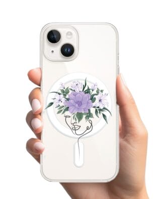 Etui do iPhone 14 z MagSafe przeźroczyste, silikonowe Flexi, kobieta z kwiatami