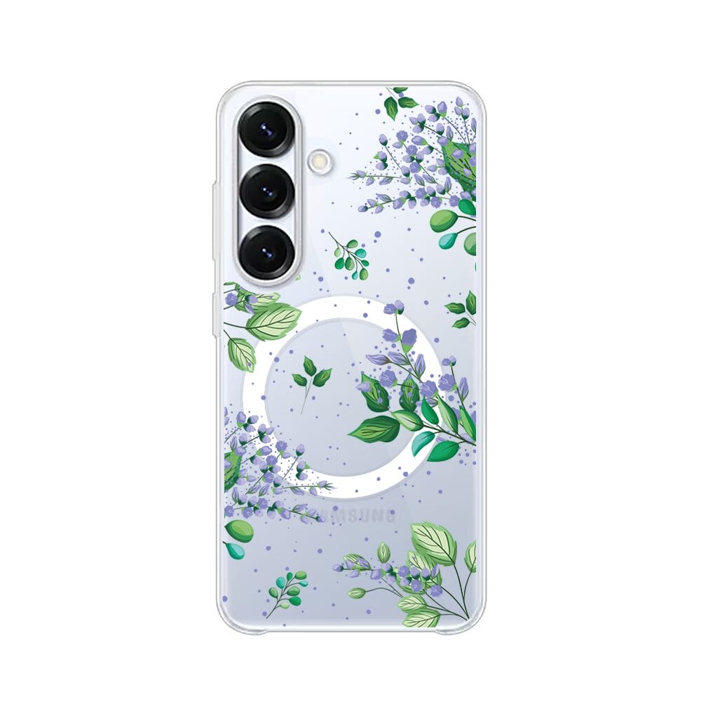 Etui do Samsung Galaxy S25 z MagSafe przeźroczyste, silikonowe Flexi, fioletowe kwiatki