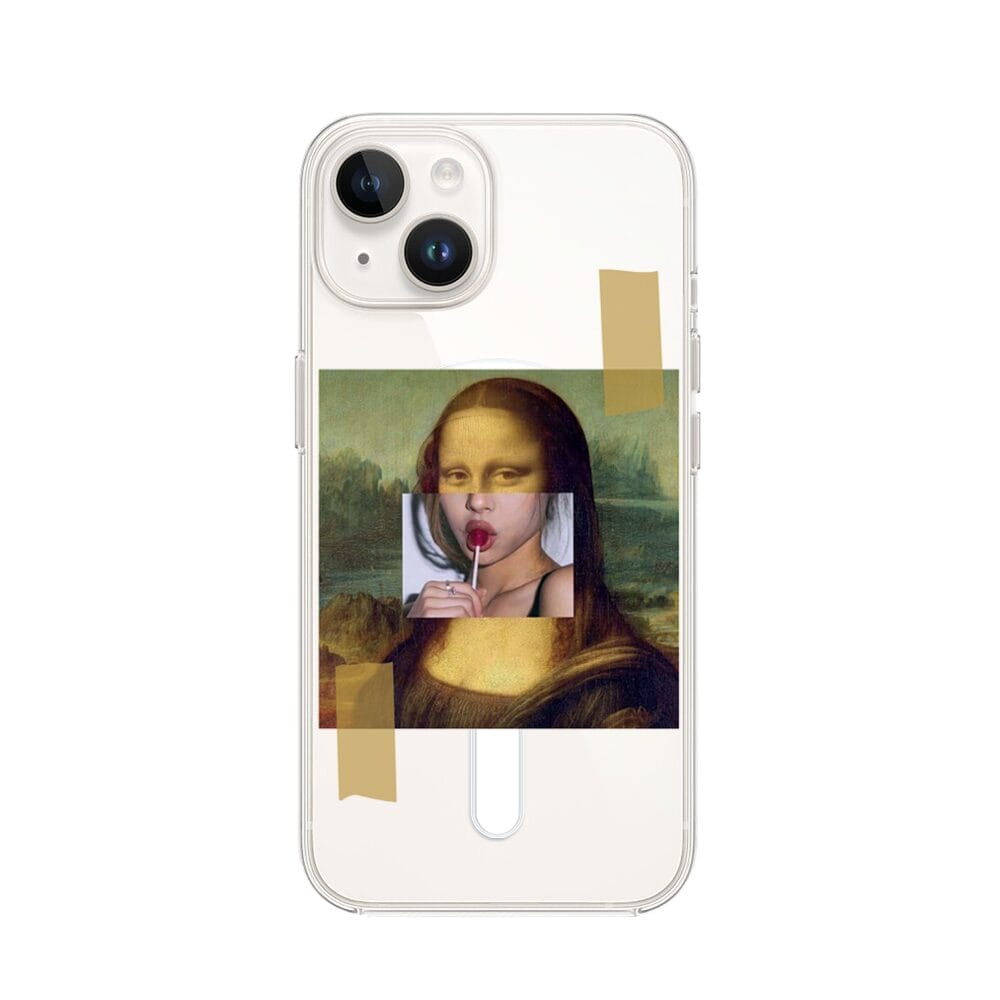 Etui do iPhone 14 z MagSafe przeźroczyste, silikonowe Flexi, Mona Lisa z lizakiem