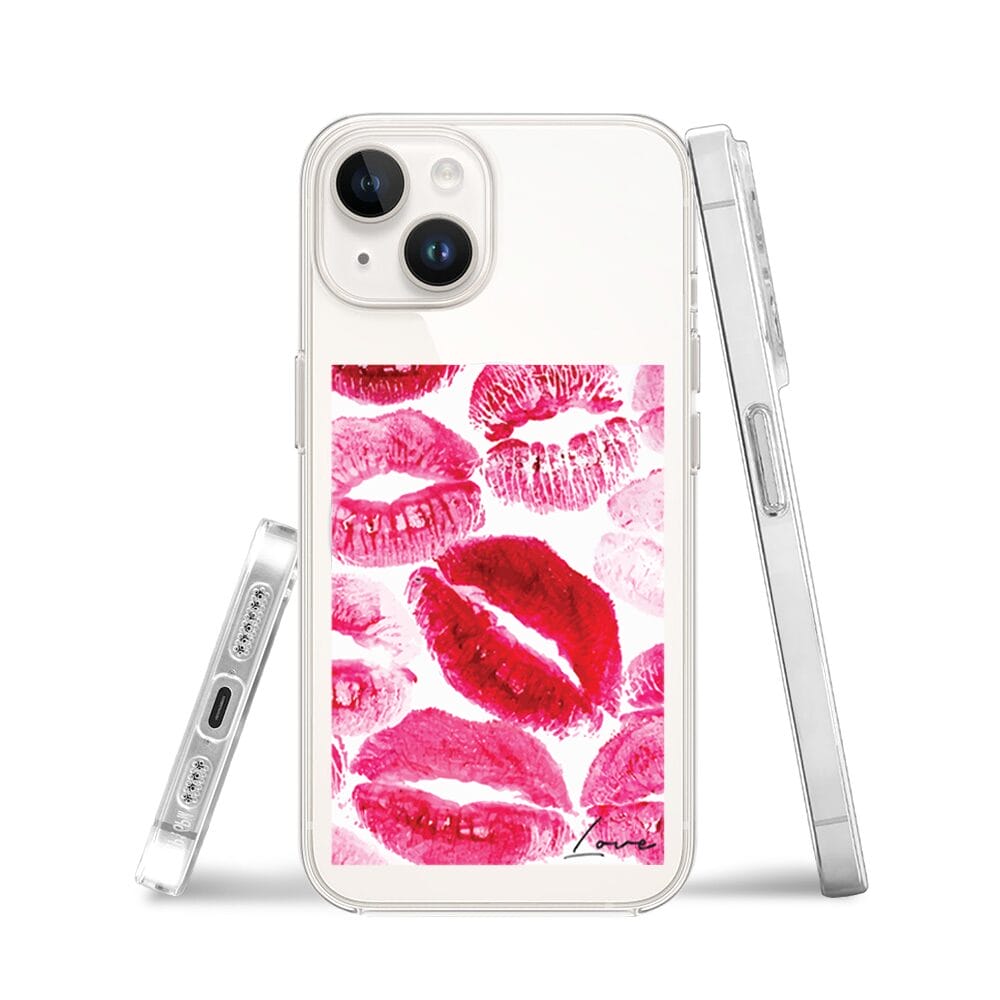 Etui do iPhone 14 Plus z MagSafe przeźroczyste, silikonowe Flexi, pocałunki z napisem "love" - obrazek 3