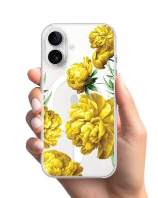 Etui do iPhone 16 z MagSafe przeźroczyste, silikonowe Flexi, żółte piwonie