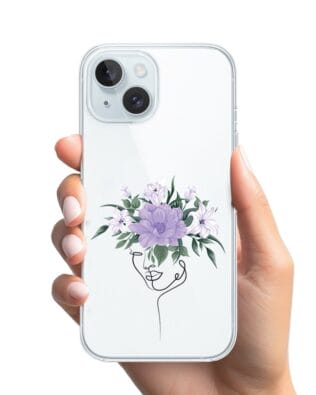 Etui do iPhone 15 przeźroczyste, silikonowe Flexi, kobieta z kwiatami