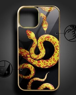 Etui do iPhone 14 IBIZU Elite Glass, szklany tył, węże ze złotem, złote