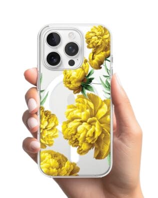 Etui do iPhone 15 Pro Max z MagSafe przeźroczyste, silikonowe Flexi, żółte piwonie