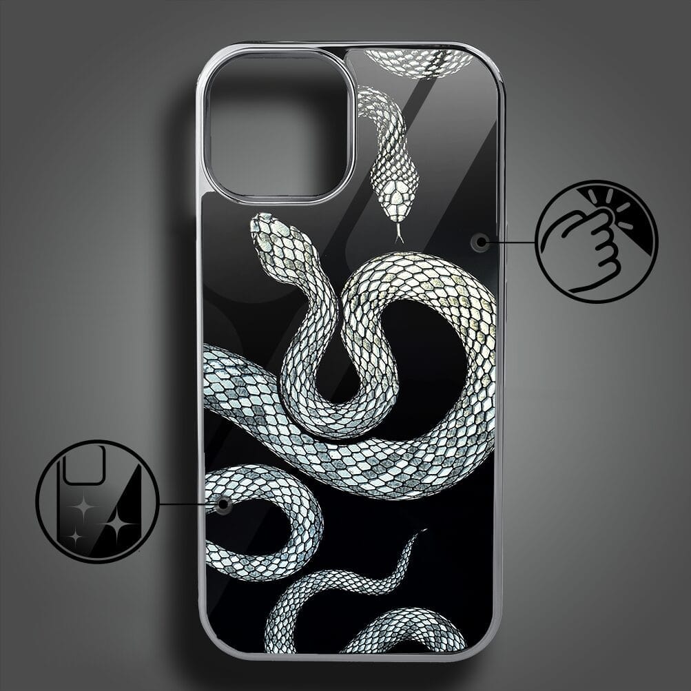 Etui do iPhone 14 IBIZU Elite Glass, szklany tył, węże ze srebrem, srebrne - obrazek 2