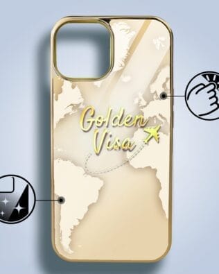 Etui do iPhone 14 IBIZU Elite Glass 3D, szklany tył, złota mapa świata z napisem Golden Visa, złote