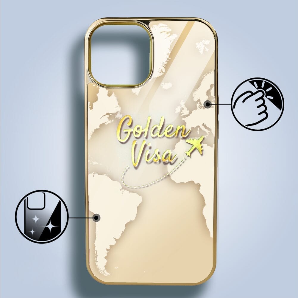 Etui do iPhone 14 IBIZU Elite Glass 3D, szklany tył, złota mapa świata z napisem Golden Visa, złote - obrazek 2