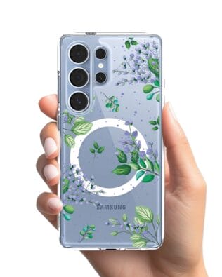 Etui do Samsung Galaxy S25 Ultra z MagSafe przeźroczyste, silikonowe Flexi, fioletowe kwiatki