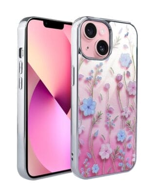 Etui do iPhone 15 IBIZU Elite Glass 3D, szklany tył, letnie kwiaty o zachodzie słońca, srebrne
