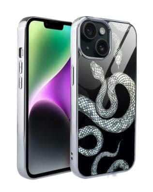Etui do iPhone 14 IBIZU Elite Glass, szklany tył, węże ze srebrem, srebrne