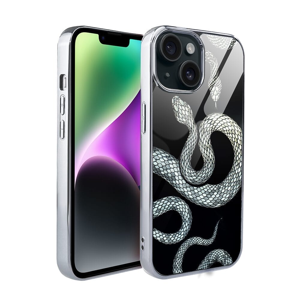 Etui do iPhone 14 IBIZU Elite Glass, szklany tył, węże ze srebrem, srebrne