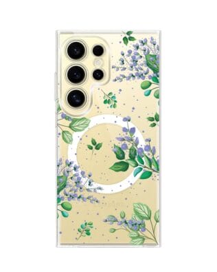 Etui do Samsung Galaxy S24 Ultra z MagSafe przeźroczyste, silikonowe Flexi, fioletowe kwiatki