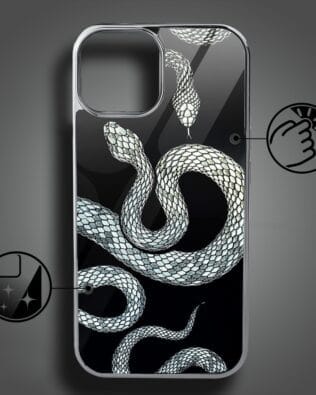 Etui do iPhone 13 IBIZU Elite Glass, szklany tył, węże ze srebrem, srebrne