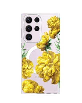 Etui do Samsung Galaxy S23 Ultra z MagSafe przeźroczyste, silikonowe Flexi, żółte piwonie