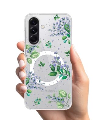 Etui do Samsung Galaxy A56 5G z MagSafe przeźroczyste, silikonowe Flexi, fioletowe kwiatki