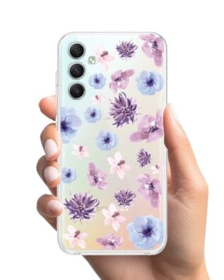 Etui do Samsung Galaxy A34 5G przeźroczyste, silikonowe Flexi, kwiatki niebieskie, fioletowe