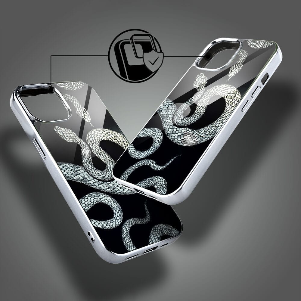 Etui do iPhone 14 IBIZU Elite Glass, szklany tył, węże ze srebrem, srebrne - obrazek 3