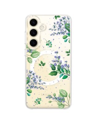 Etui do Samsung Galaxy S24 z MagSafe przeźroczyste, silikonowe Flexi, fioletowe kwiatki