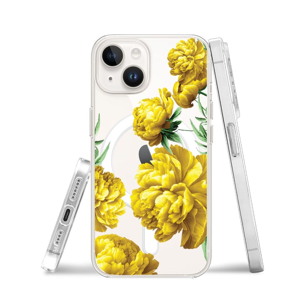 Etui do iPhone 13 Mini z MagSafe przeźroczyste, silikonowe Flexi, żółte piwonie - obrazek 3