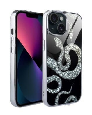 Etui do iPhone 13 IBIZU Elite Glass, szklany tył, węże ze srebrem, srebrne