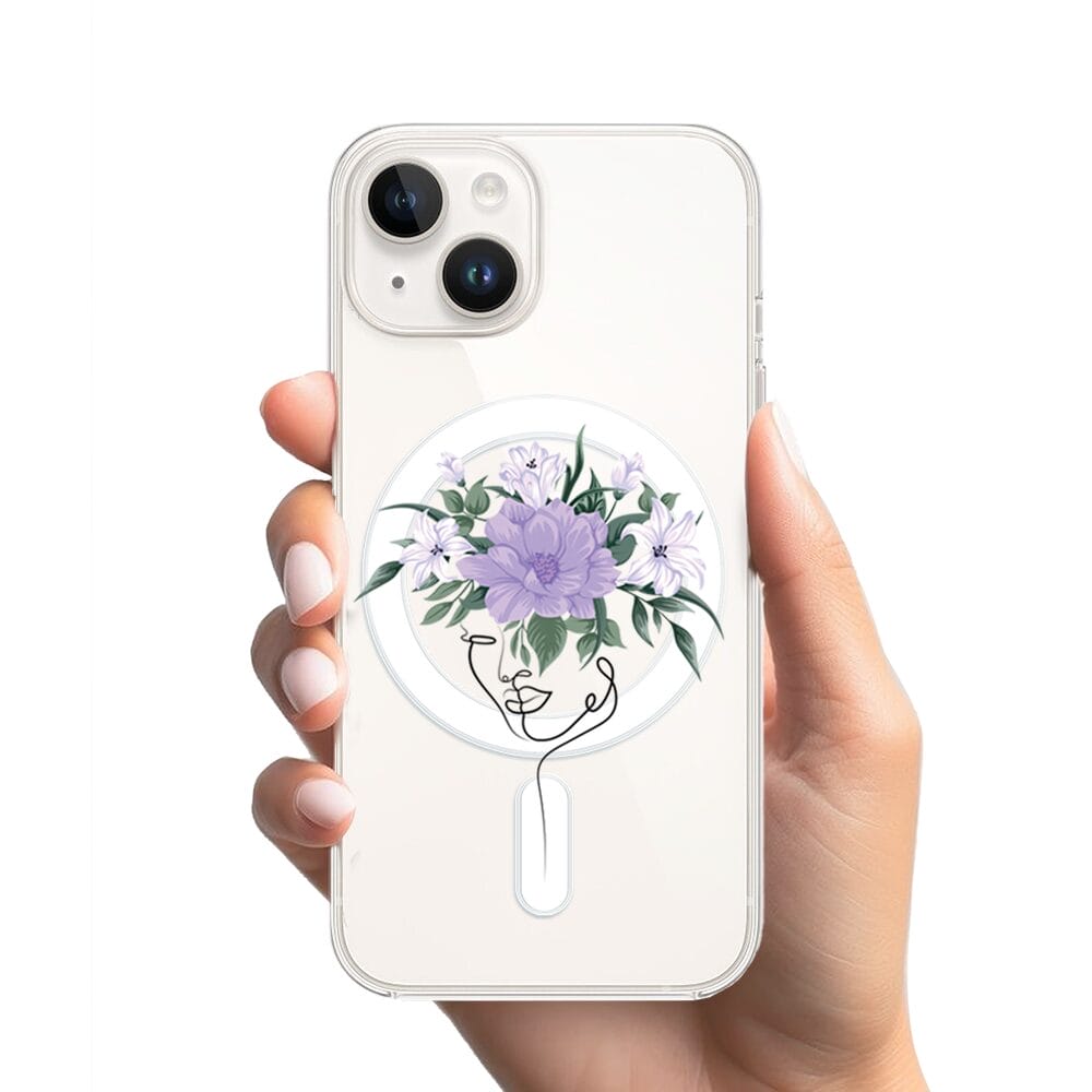 Etui do iPhone 13 Mini z MagSafe przeźroczyste, silikonowe Flexi, kobieta z kwiatami - obrazek 2
