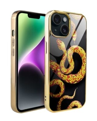 Etui do iPhone 14 IBIZU Elite Glass, szklany tył, węże ze złotem, złote