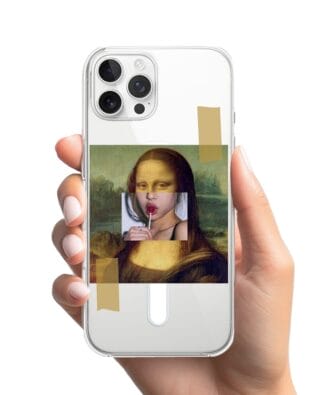Etui do iPhone 12 Pro Max z MagSafe przeźroczyste, silikonowe Flexi, Mona Lisa z lizakiem
