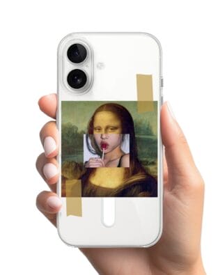 Etui do iPhone 16 Plus z MagSafe przeźroczyste, silikonowe Flexi, Mona Lisa z lizakiem