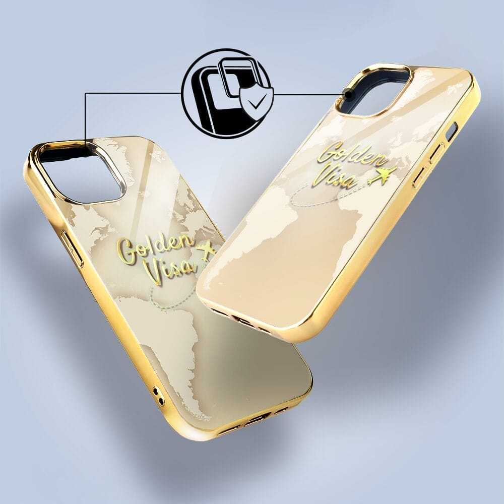 Etui do iPhone 14 IBIZU Elite Glass 3D, szklany tył, złota mapa świata z napisem Golden Visa, złote - obrazek 3