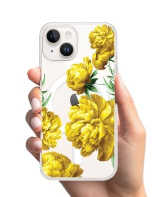 Etui do iPhone 14 z MagSafe przeźroczyste, silikonowe Flexi, żółte piwonie