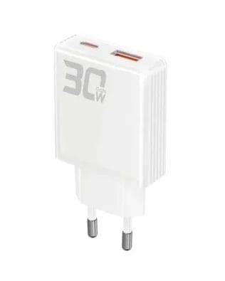 Ładowarka sieciowa Ultra Slim na dwa porty USB i USB Typ C, PD 30W, cienka, biała