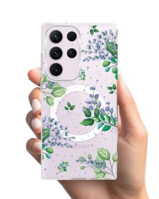 Etui do Samsung Galaxy S23 Ultra z MagSafe przeźroczyste, silikonowe Flexi, fioletowe kwiatki