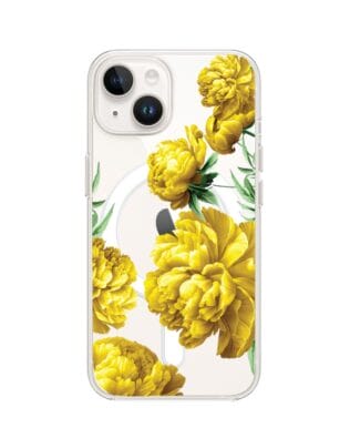 Etui do iPhone 13 Mini z MagSafe przeźroczyste, silikonowe Flexi, żółte piwonie