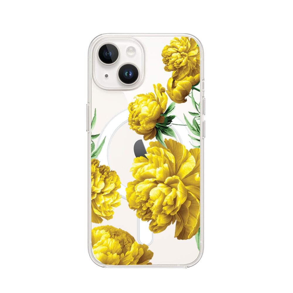 Etui do iPhone 13 Mini z MagSafe przeźroczyste, silikonowe Flexi, żółte piwonie