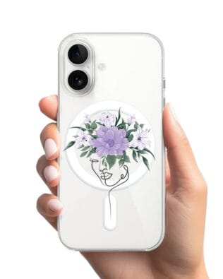 Etui do iPhone 16 z MagSafe przeźroczyste, silikonowe Flexi, kobieta z kwiatami