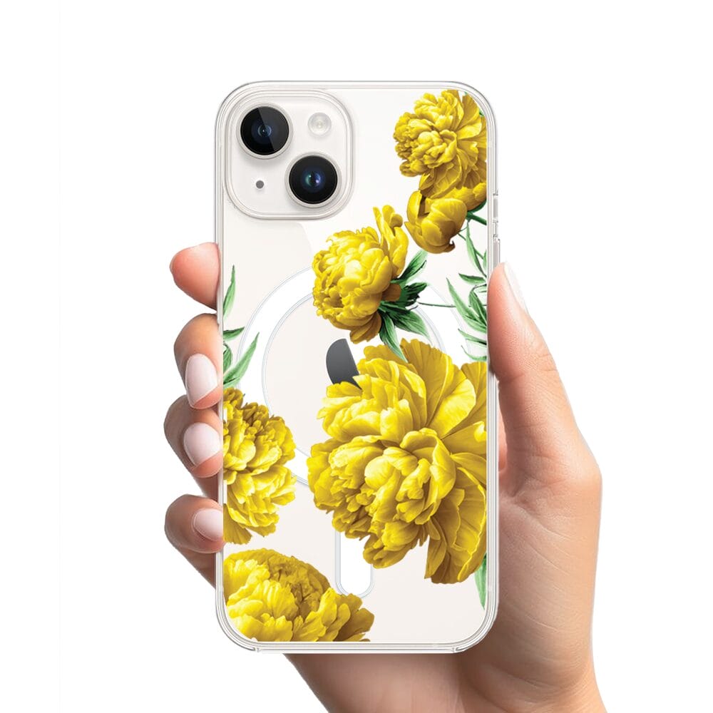 Etui do iPhone 13 Mini z MagSafe przeźroczyste, silikonowe Flexi, żółte piwonie - obrazek 2