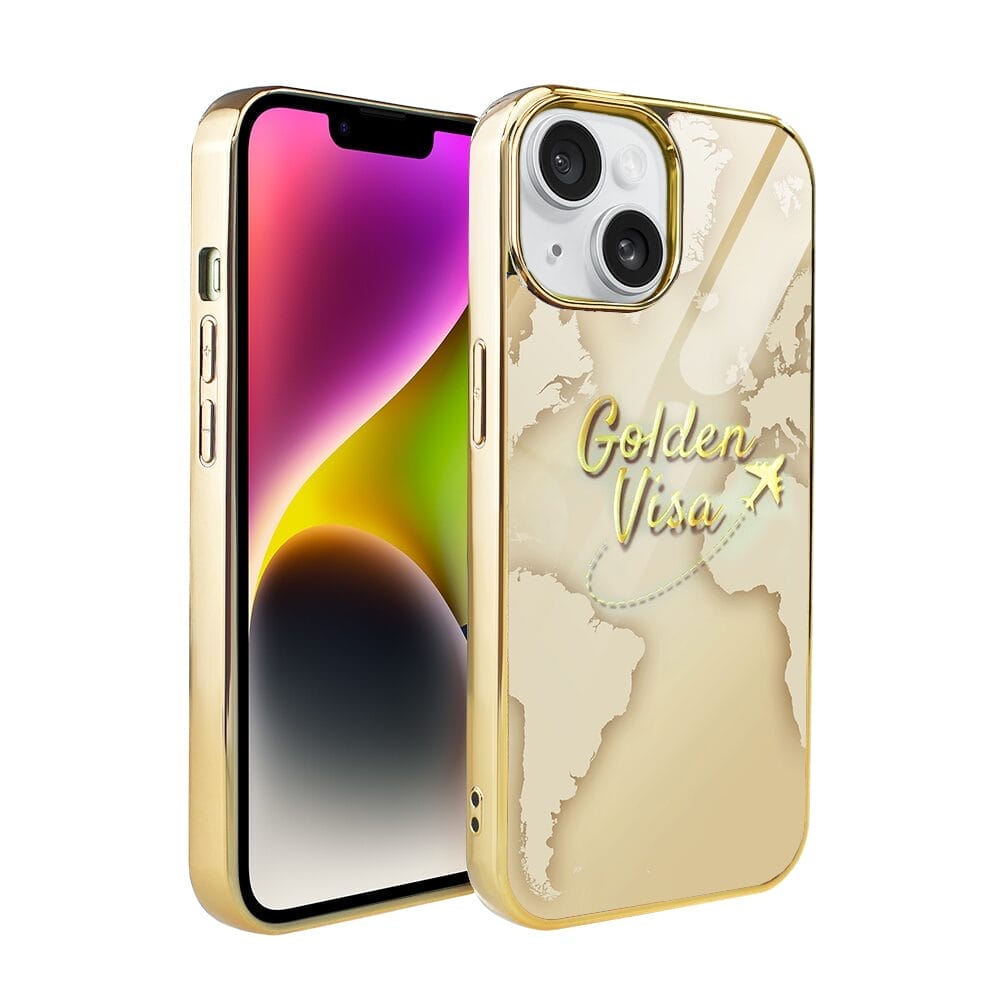 Etui do iPhone 14 IBIZU Elite Glass 3D, szklany tył, złota mapa świata z napisem Golden Visa, złote