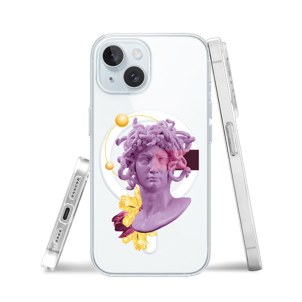 Etui do iPhone 15 Plus z MagSafe przeźroczyste, silikonowe Flexi, antyczna figura, meduza - obrazek 3