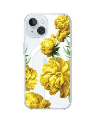 Etui do iPhone 15 Plus z MagSafe przeźroczyste, silikonowe Flexi, żółte piwonie