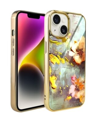 Etui do iPhone 14 IBIZU Elite Glass, szklany tył, kwiaty ze złotem, złote