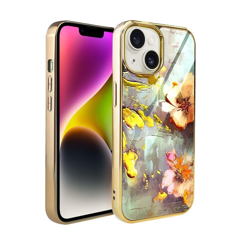 Etui do iPhone 14 IBIZU Elite Glass, szklany tył, kwiaty ze złotem, złote