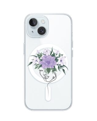 Etui do iPhone 15 Plus z MagSafe przeźroczyste, silikonowe Flexi, kobieta z kwiatami