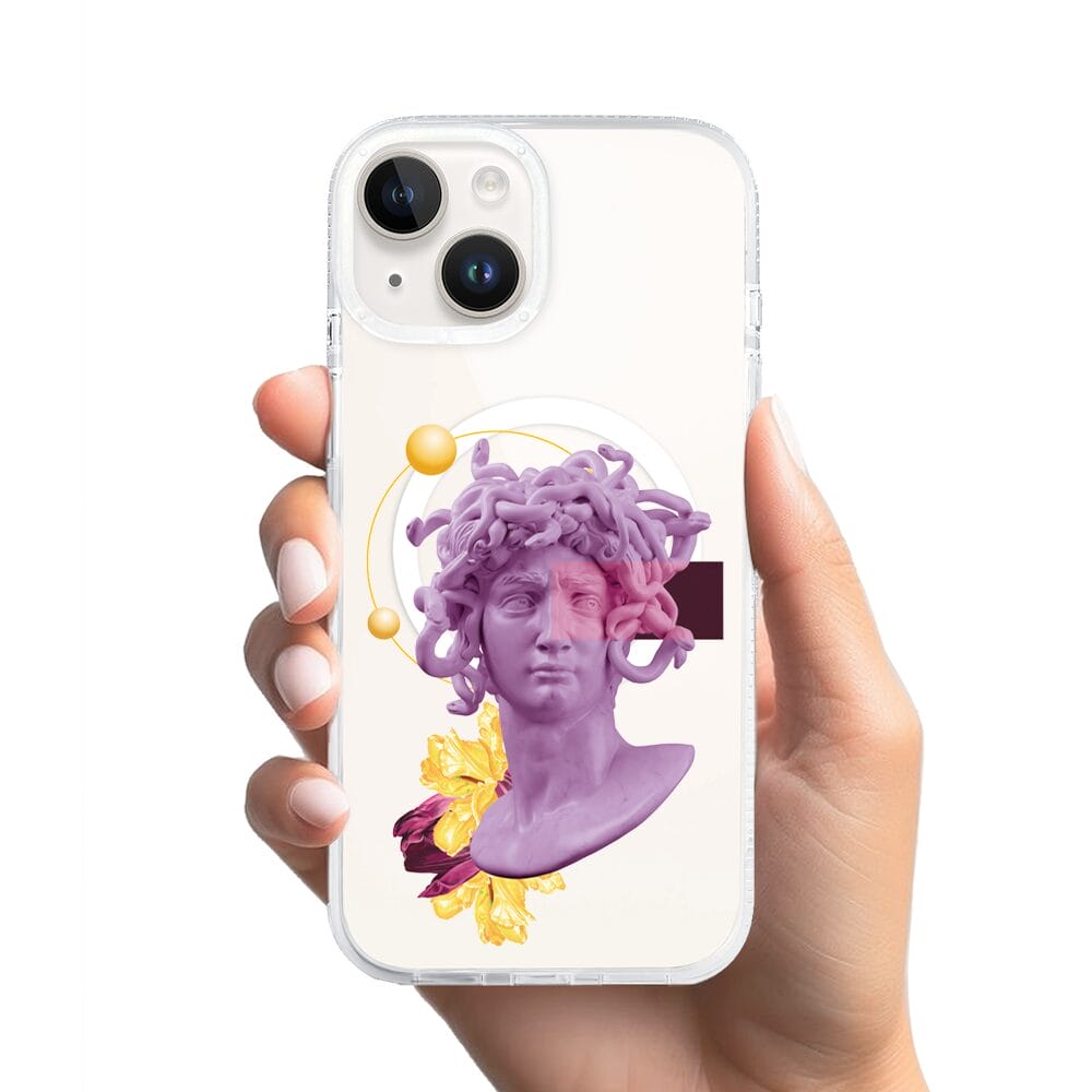 Etui do iPhone 14 z MagSafe przeźroczyste, silikonowe Flexi, antyczna figura, meduza - obrazek 2